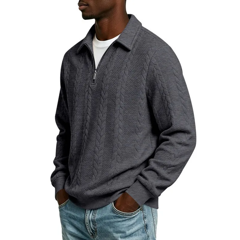 Herren Baumwollmix-Polopullover mit kurzem Frontzip und Zopfmuster Drune