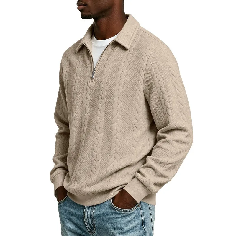 Herren Baumwollmix-Polopullover mit kurzem Frontzip und Zopfmuster Drune