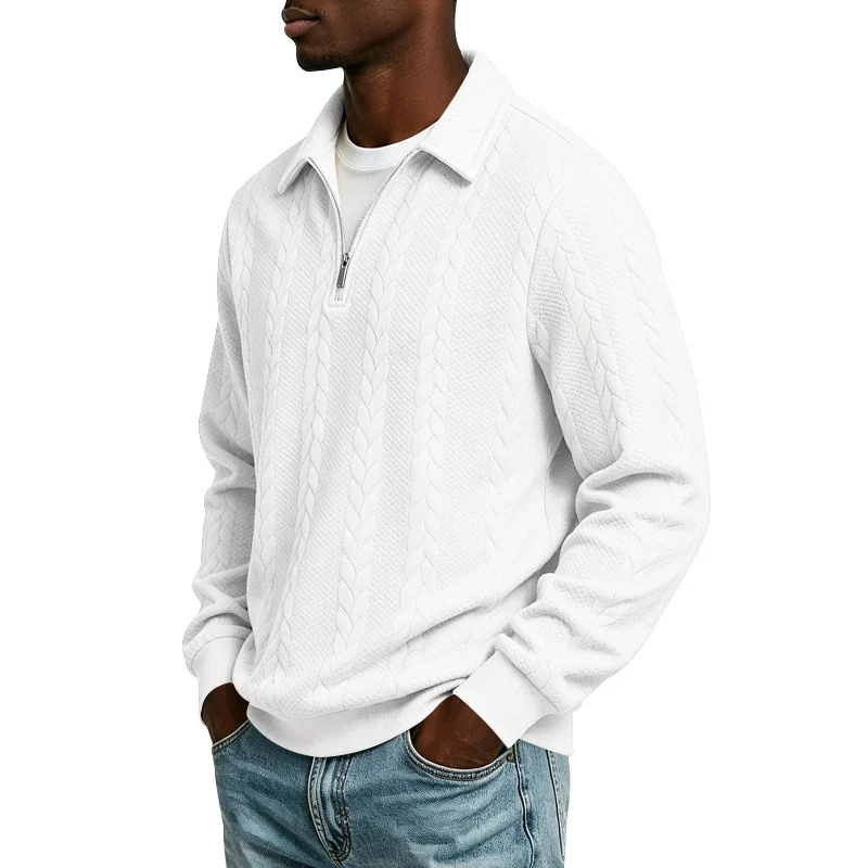Herren Baumwollmix-Polopullover mit kurzem Frontzip und Zopfmuster Drune
