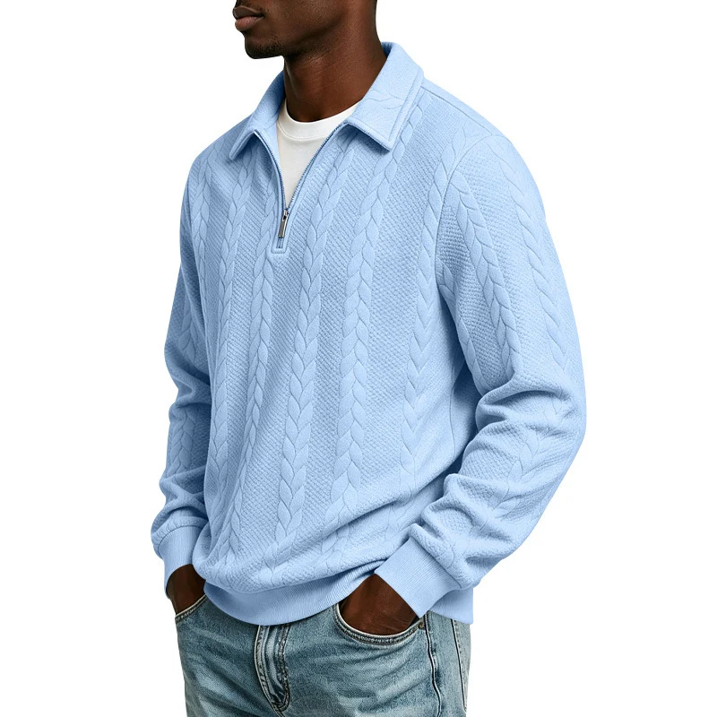 Herren Baumwollmix-Polopullover mit kurzem Frontzip und Zopfmuster Drune