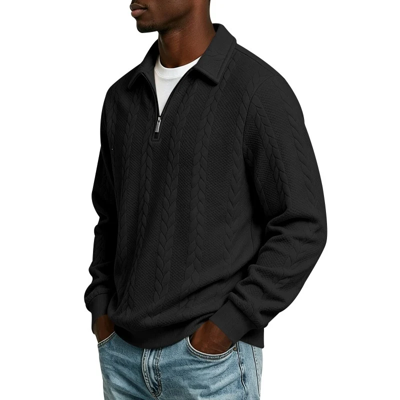 Herren Baumwollmix-Polopullover mit kurzem Frontzip und Zopfmuster Drune