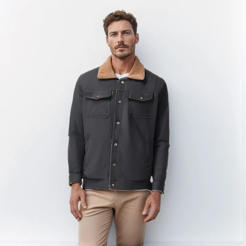 Herren Workwear-Jacke mit Teddykragen und Druckknopfleiste Drune