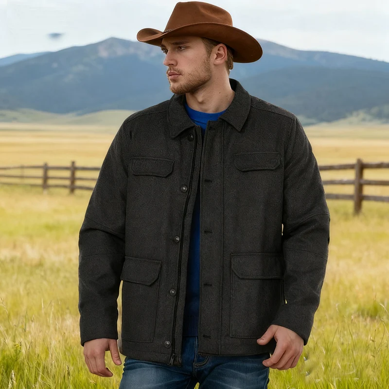 Herren Wollmix-Fieldjacke mit Pattentaschen, durchgehender Knopfleiste und Hemdkragen Drune