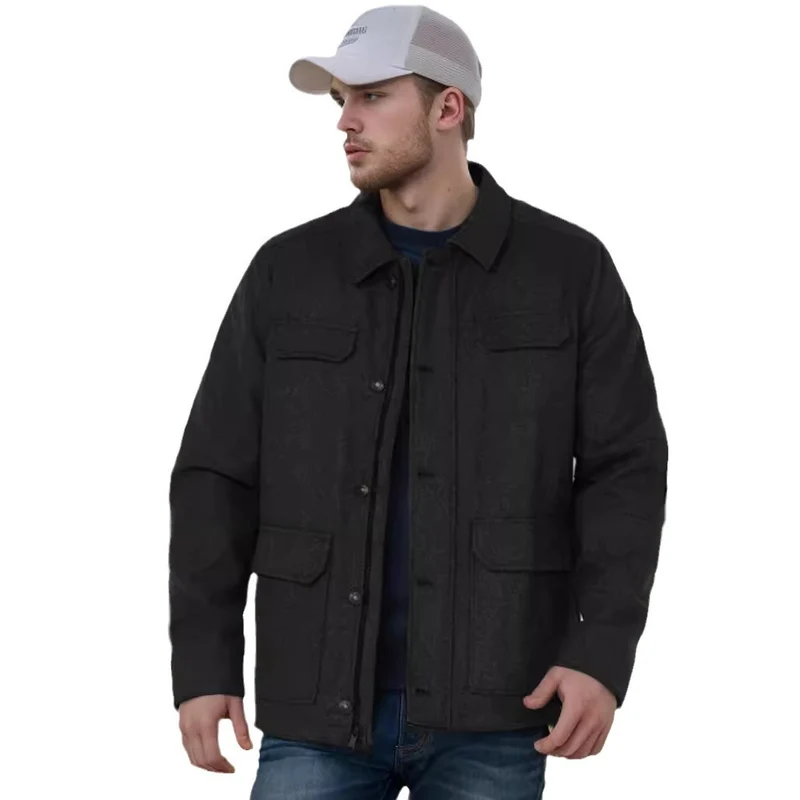 Herren Wollmix-Fieldjacke mit Pattentaschen, durchgehender Knopfleiste und Hemdkragen Drune