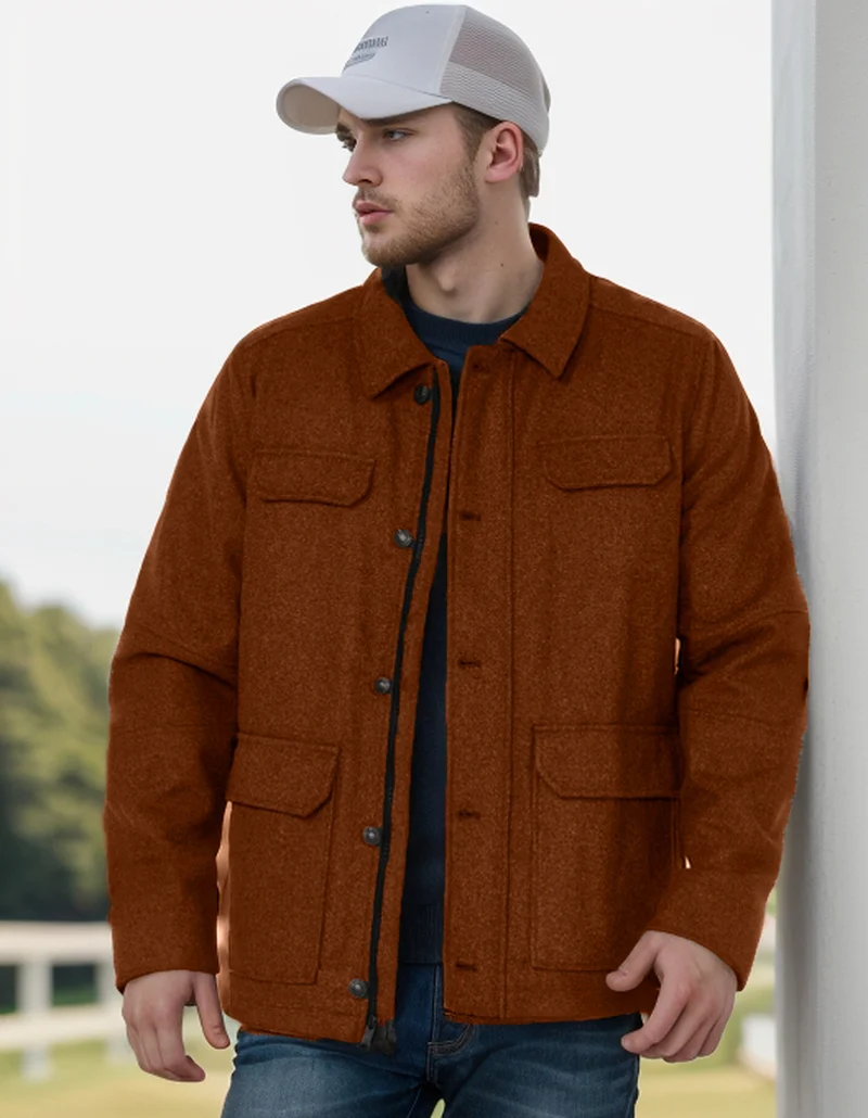 Herren Wollmix-Fieldjacke mit Pattentaschen, durchgehender Knopfleiste und Hemdkragen Drune