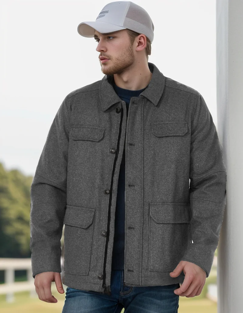 Herren Wollmix-Fieldjacke mit Pattentaschen, durchgehender Knopfleiste und Hemdkragen Drune