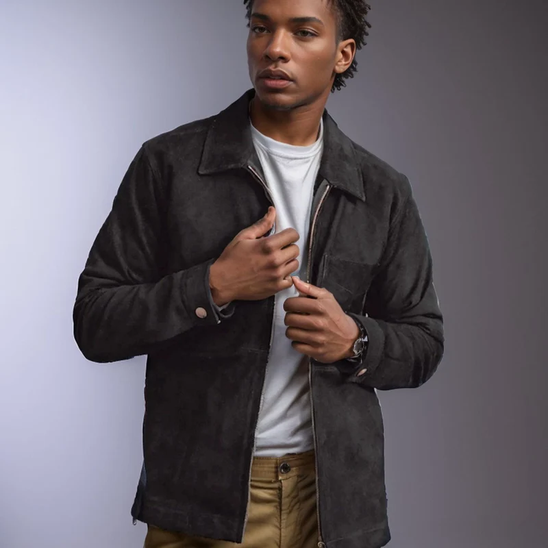 Herren Velourslederjacke mit Stehkragen und Brusttasche Drune