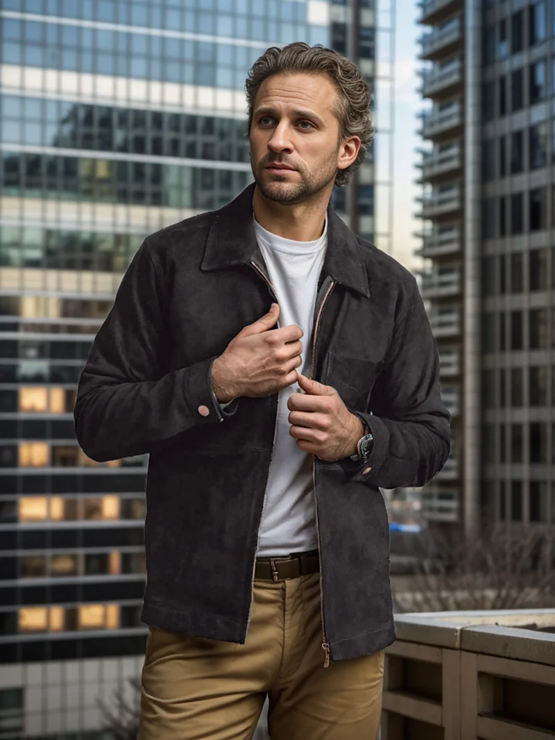 Herren Velourslederjacke mit Stehkragen und Brusttasche Drune