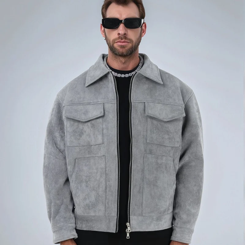 Herren Veloursleder-Overshirt mit vier Pattentaschen und Zwei-Wege-Reißverschluss Drune