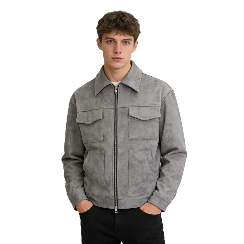 Herren Veloursleder-Overshirt mit vier Pattentaschen und Zwei-Wege-Reißverschluss Drune