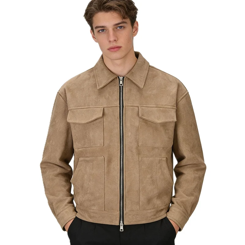 Herren Veloursleder-Overshirt mit vier Pattentaschen und Zwei-Wege-Reißverschluss Drune