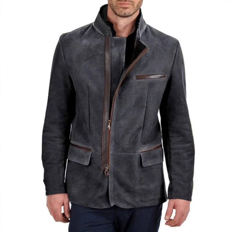 Herren Veloursleder-Fieldjacke im Fliegerstil mit Stehkragen, asymmetrischem beidseitig öffnendem Reißverschluss und kontrastierenden Lederbesätzen Drune