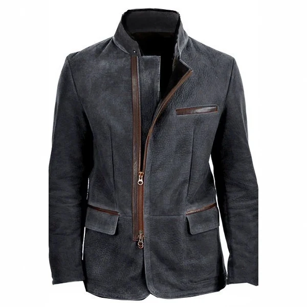 Herren Veloursleder-Fieldjacke im Fliegerstil mit Stehkragen, asymmetrischem beidseitig öffnendem Reißverschluss und kontrastierenden Lederbesätzen Drune