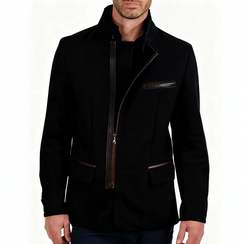 Herren Veloursleder-Fieldjacke im Fliegerstil mit Stehkragen, asymmetrischem beidseitig öffnendem Reißverschluss und kontrastierenden Lederbesätzen Drune