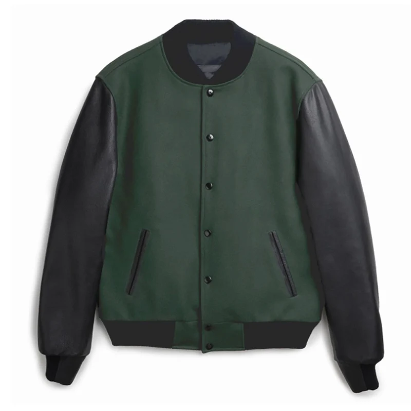 Herren Varsity‑Bomberjacke im College‑Stil mit Wollkörper und Lederärmeln Drune