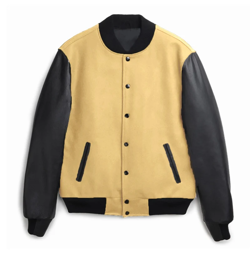 Herren Varsity‑Bomberjacke im College‑Stil mit Wollkörper und Lederärmeln Drune