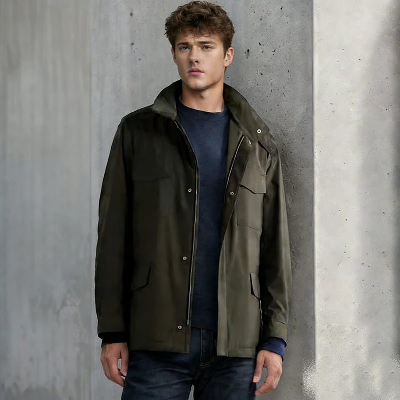 Herren Utility‑Fieldjacke mit verdecktem Reißverschluss, Druckknopfleiste und Multifunktions‑Taschen Drune