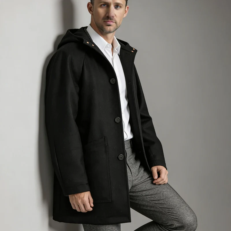 Herren Taillierter Wollmix-Mantel mit Kapuze und verdeckter Knopfleiste Drune