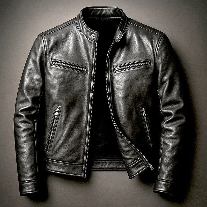 Herren Schmal geschnittene Biker-Lederjacke aus Nappaleder mit Stehkragen und Reißverschluss Drune