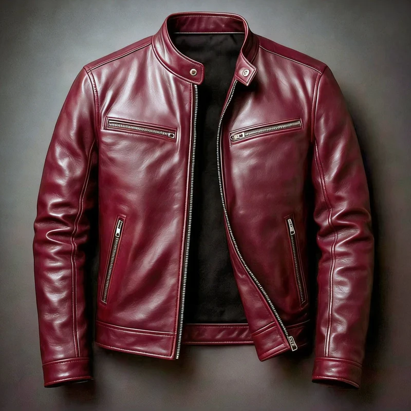 Herren Schmal geschnittene Biker-Lederjacke aus Nappaleder mit Stehkragen und Reißverschluss Drune