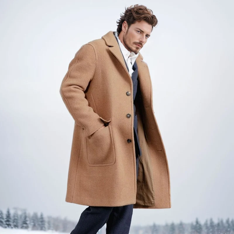 Herren Mid‑Length Teddy‑Wollmantel mit aufgesetzten Eingrifftaschen und Stehkragen Drune