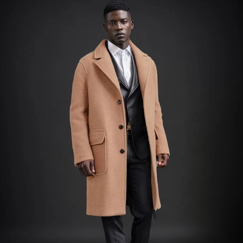 Herren Mid‑Length Teddy‑Wollmantel mit aufgesetzten Eingrifftaschen und Stehkragen Drune