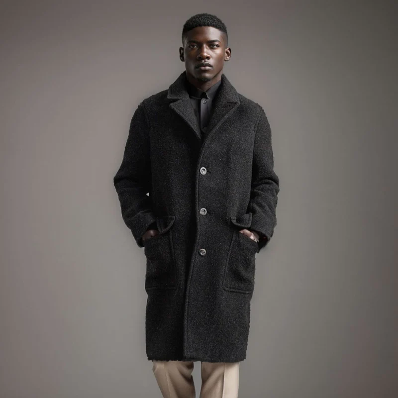 Herren Mid‑Length Teddy‑Wollmantel mit aufgesetzten Eingrifftaschen und Stehkragen Drune