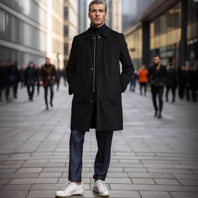 Herren Mid-Length Einreihiger Mantel mit verdeckter Knopfleiste und taillierter Silhouette Drune