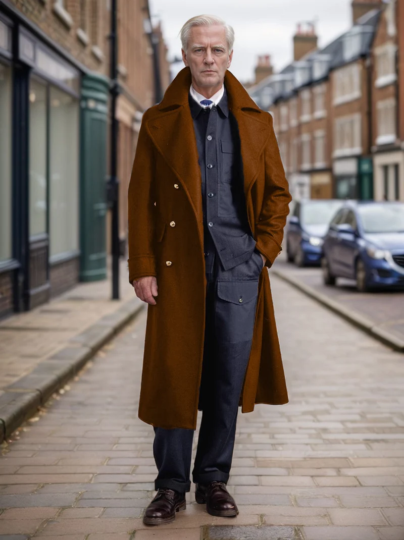 Herren Longline-Mantel im Military‑Look mit breitem Schalkragen und markanten Zierknöpfen Drune