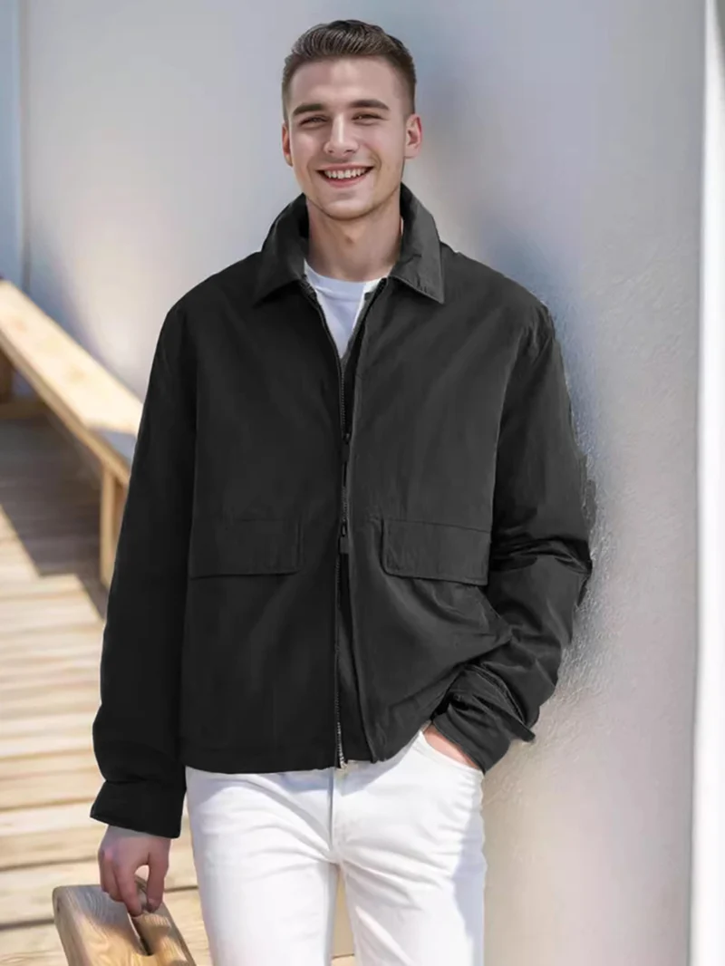 Herren Leichte Zip‑Jacke im Harrington‑Stil mit Pattentaschen Drune