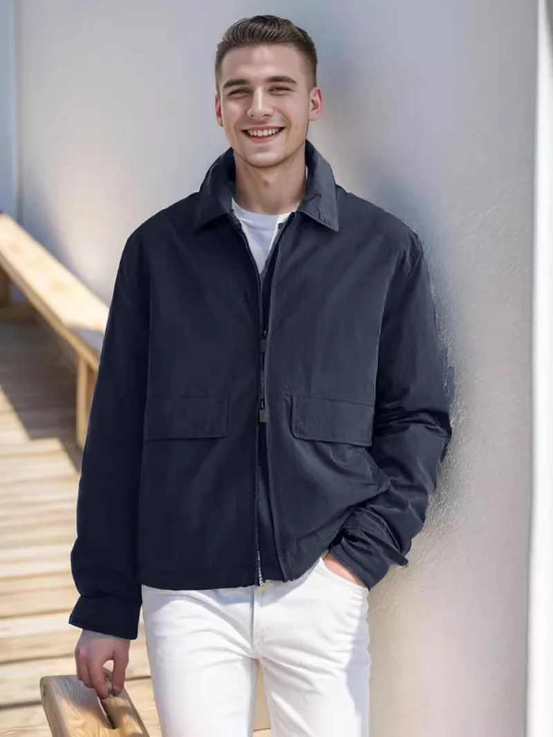 Herren Leichte Zip‑Jacke im Harrington‑Stil mit Pattentaschen Drune