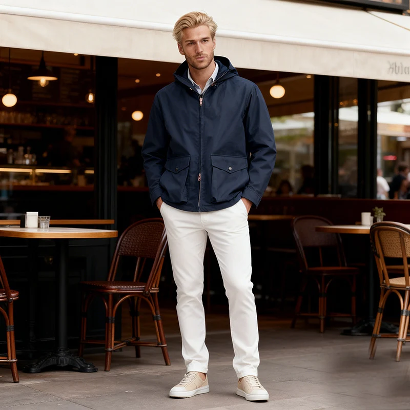 Herren Leichte Kapuzenjacke im urbanen Minimalstil mit Zwei-Wege-Reißverschluss und Pattentaschen Drune