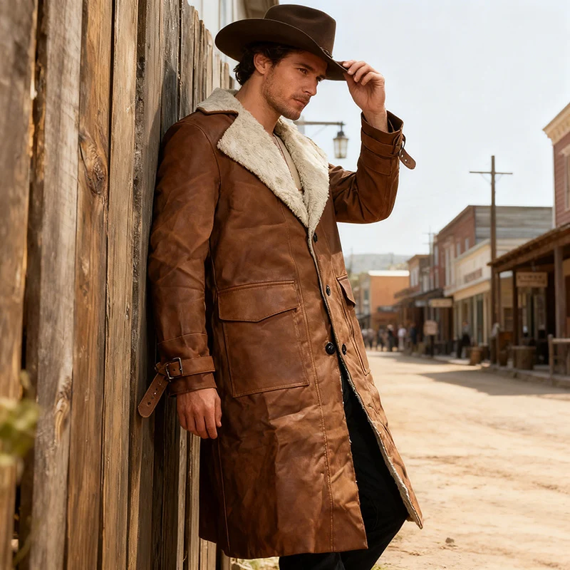Herren Langer Vintage-Lederimitatmantel mit Teddyfutter und verstellbaren Schnallenmanschetten Drune
