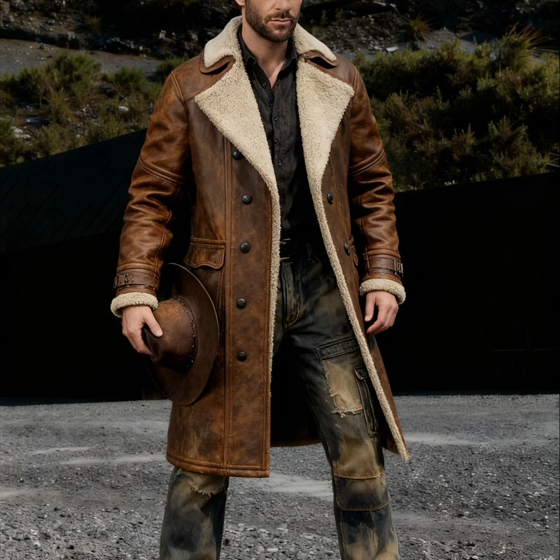 Herren Langer Vintage-Lederimitatmantel mit Teddyfutter und verstellbaren Schnallenmanschetten Drune