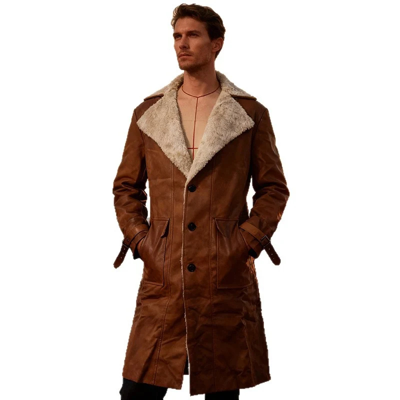 Herren Langer Vintage-Lederimitatmantel mit Teddyfutter und verstellbaren Schnallenmanschetten Drune