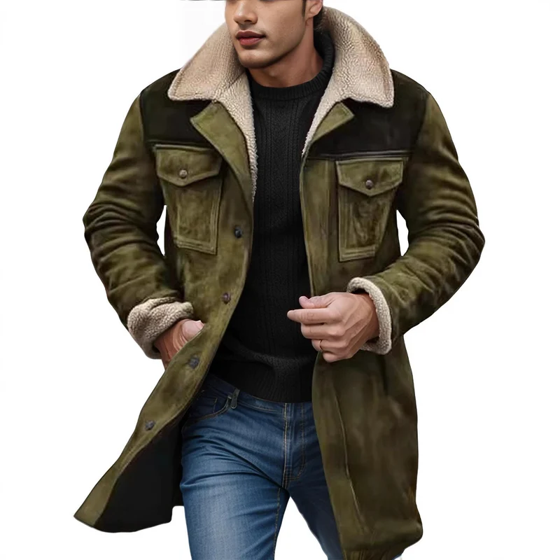 Herren Langer Veloursledermantel mit Teddyfutter und Pattentaschen Drune