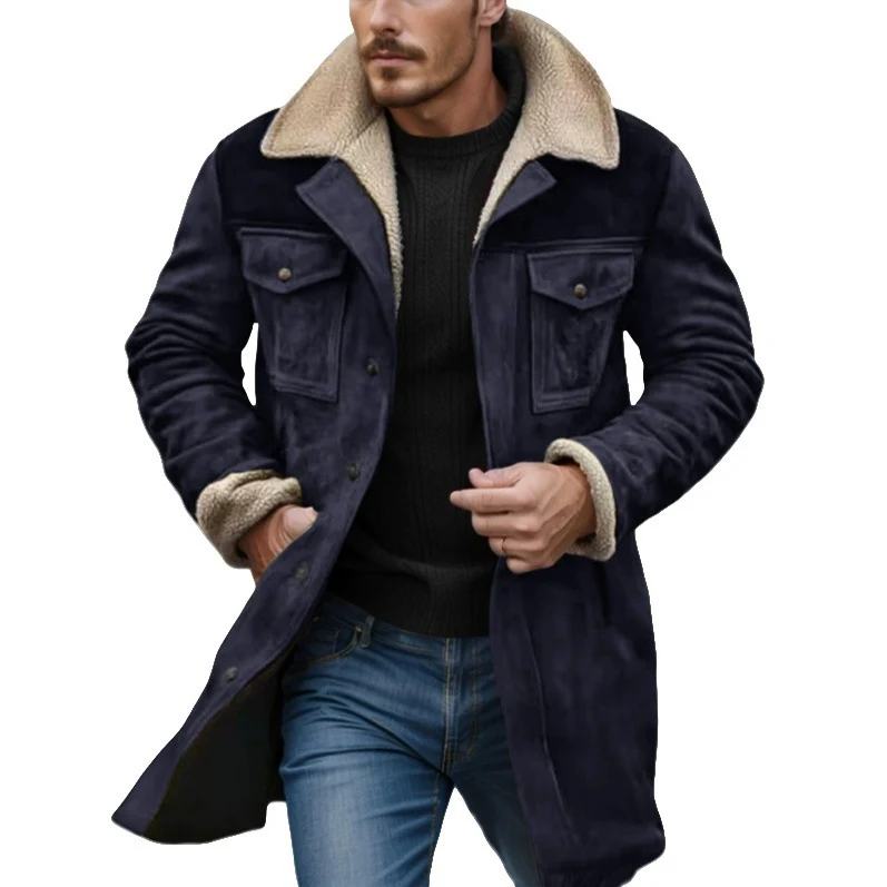 Herren Langer Veloursledermantel mit Teddyfutter und Pattentaschen Drune