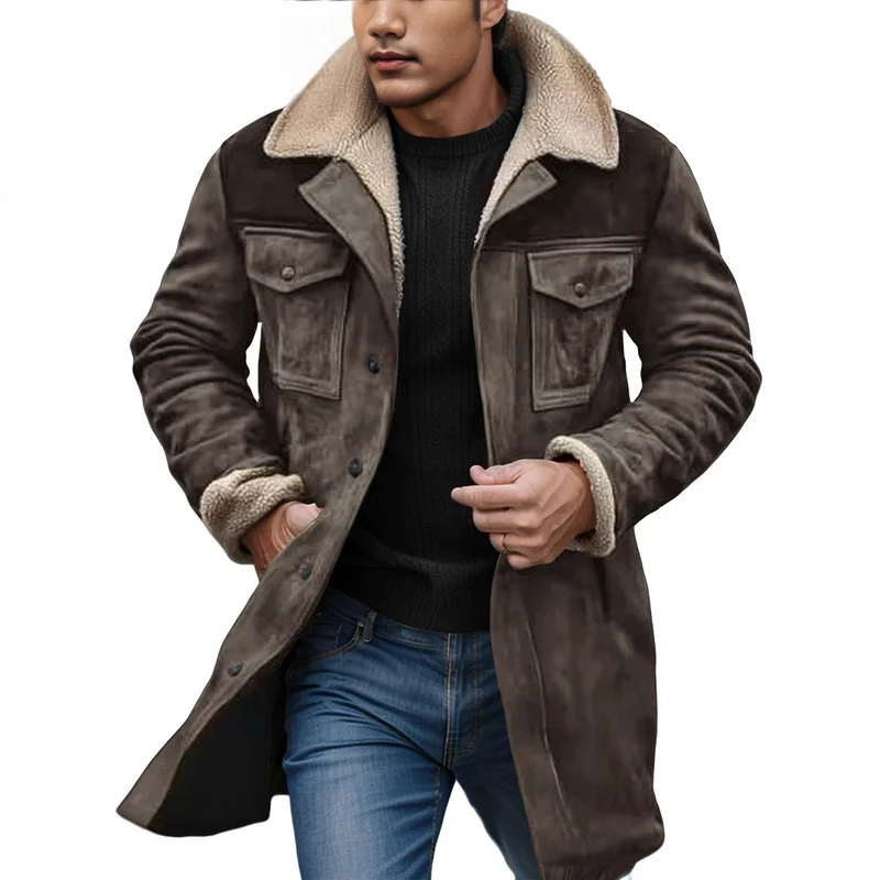 Herren Langer Veloursledermantel mit Teddyfutter und Pattentaschen Drune
