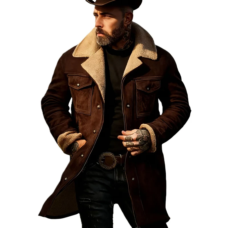 Herren Langer Veloursledermantel mit Teddyfutter und Pattentaschen Drune