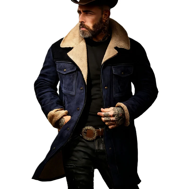 Herren Langer Veloursledermantel mit Teddyfutter und Pattentaschen Drune
