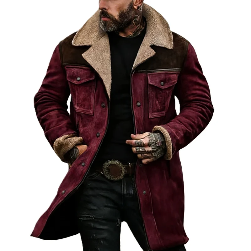 Herren Langer Veloursledermantel mit Teddyfutter und Pattentaschen Drune