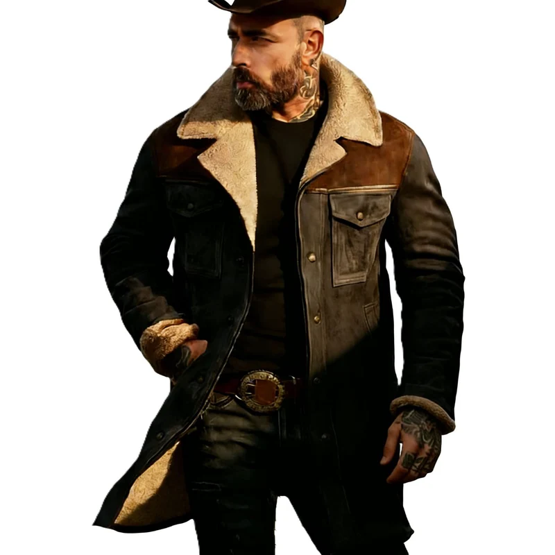 Herren Langer Veloursledermantel mit Teddyfutter und Pattentaschen Drune