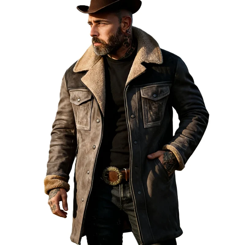 Herren Langer Veloursledermantel mit Teddyfutter und Pattentaschen Drune