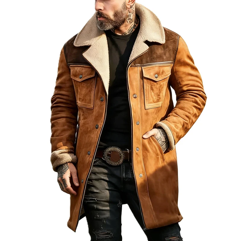 Herren Langer Veloursledermantel mit Teddyfutter und Pattentaschen Drune