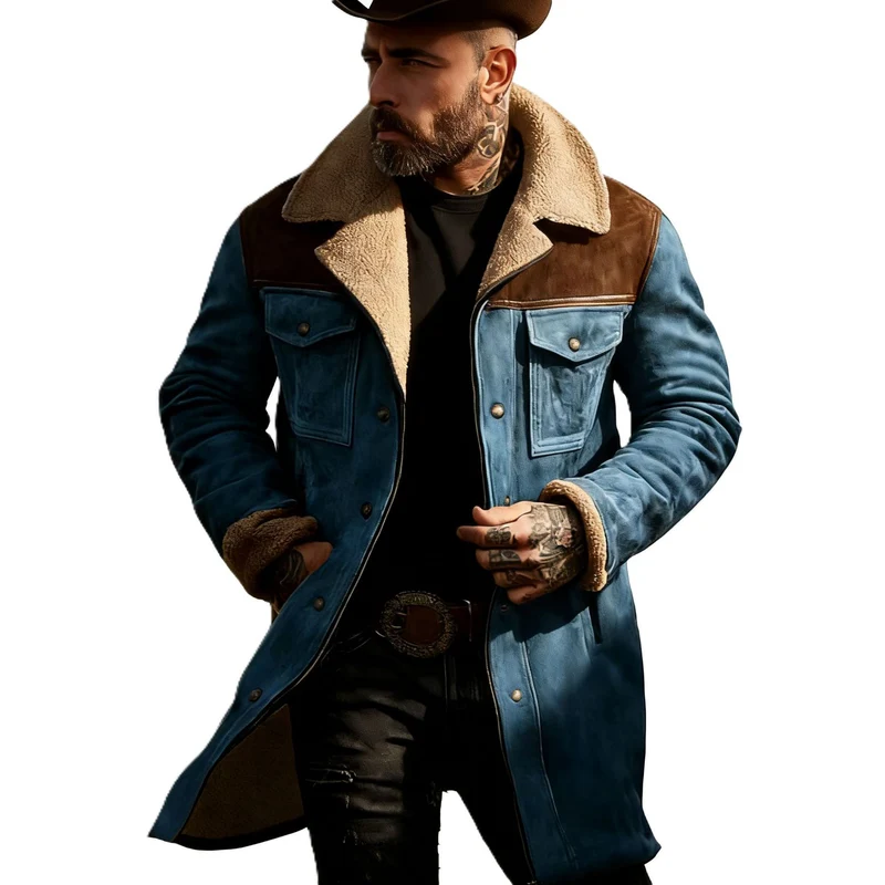 Herren Langer Veloursledermantel mit Teddyfutter und Pattentaschen Drune