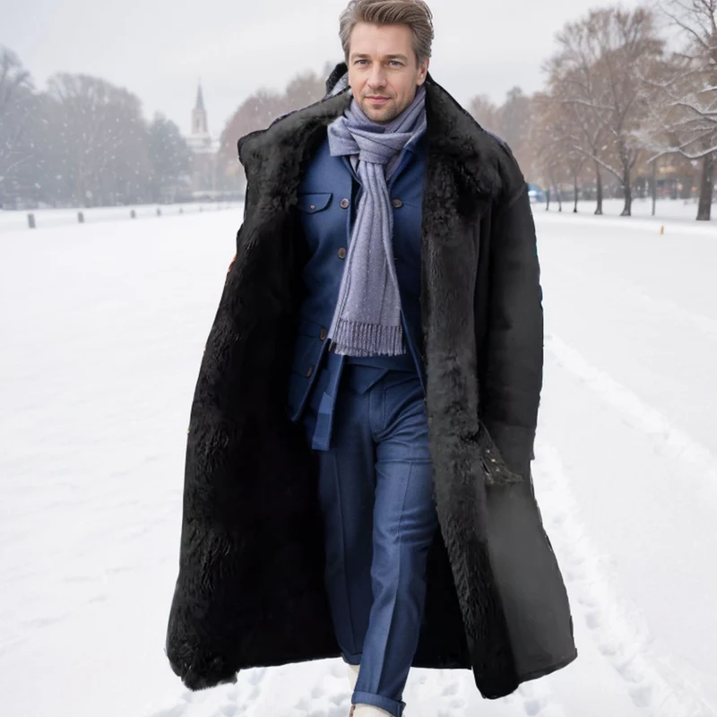 Herren Langer Relaxed-Fit Mantel mit Teddykragen und verdeckter Knopfleiste Drune