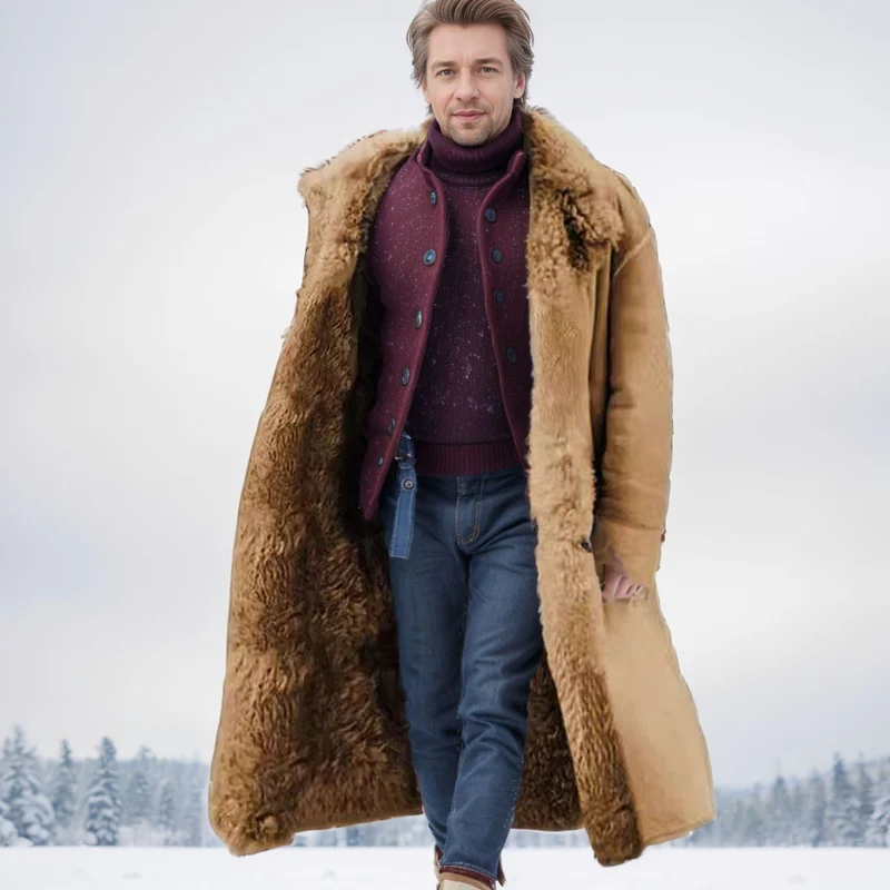 Herren Langer Relaxed-Fit Mantel mit Teddykragen und verdeckter Knopfleiste Drune