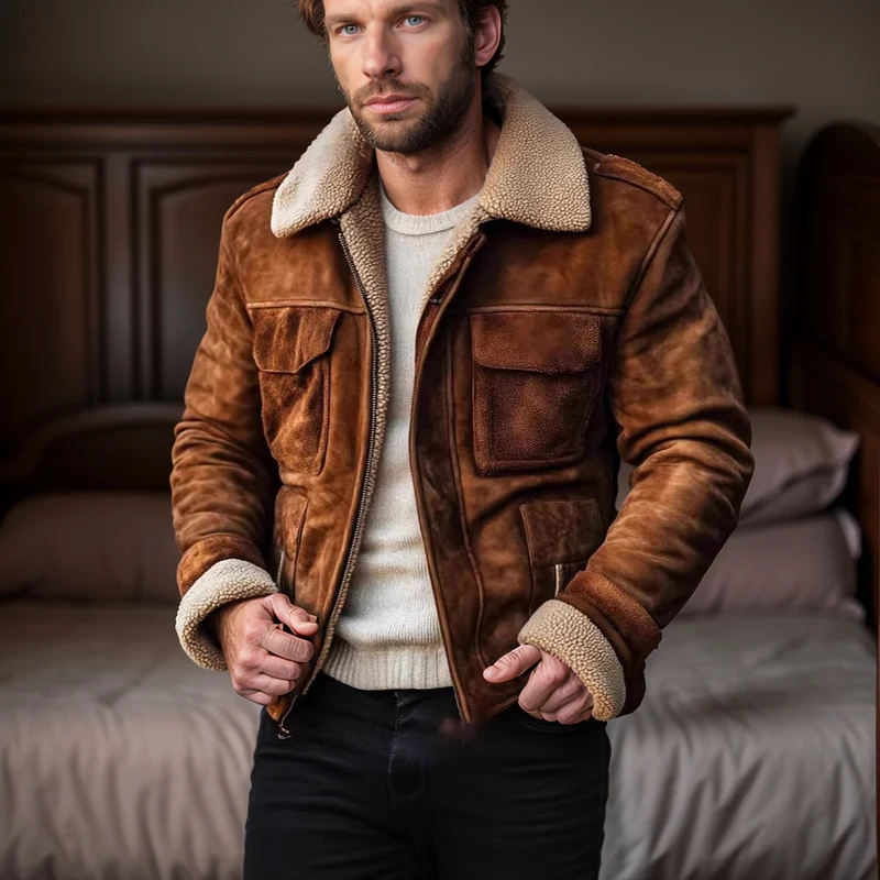 Herren Lammfell‑Imitat‑Fliegerjacke im Vintage‑Lederlook Drune