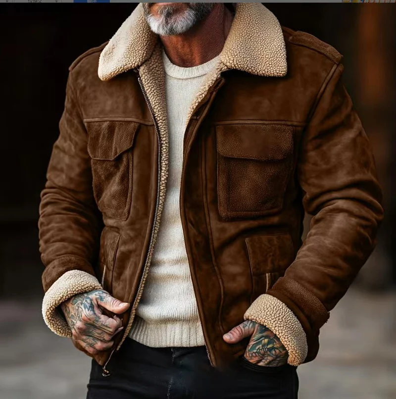 Herren Lammfell‑Imitat‑Fliegerjacke im Vintage‑Lederlook Drune