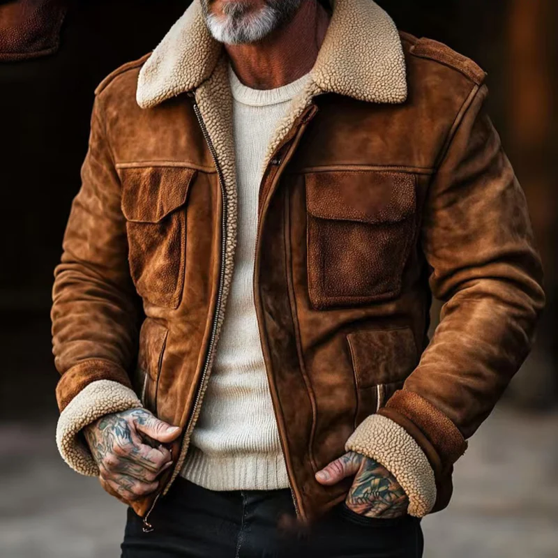 Herren Lammfell‑Imitat‑Fliegerjacke im Vintage‑Lederlook Drune